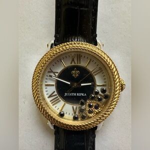 Judith Ripka Gold/Black Odyssey Diamonique Stainless Steel Leather Watch